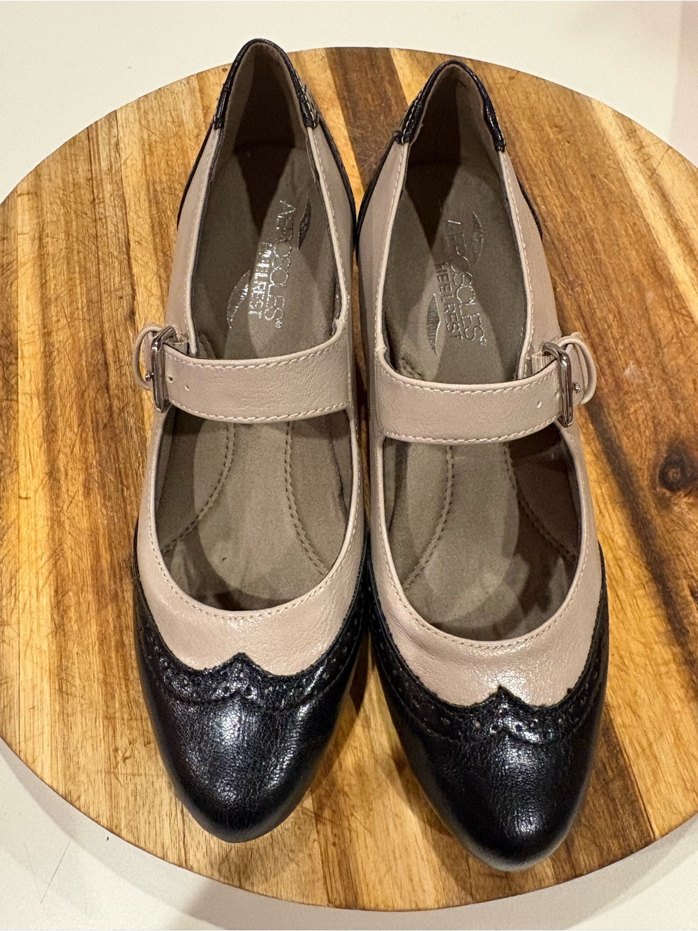 AEROSOLES Two-Tone Black and Beige Mary Jane Flats with Buckle